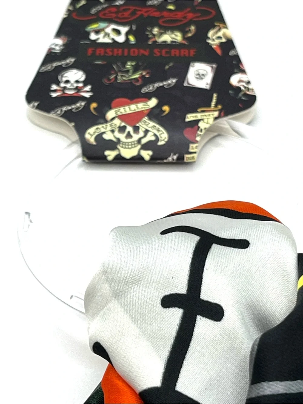 Ed Hardy Black Scarf with Pink Rose Border and Heart Skull Graphic Love